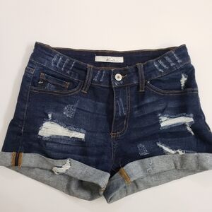 Kancan Estilo Women's Mid Rise Dark Wash Distressed Cuffed Denim Shorts Sz 5